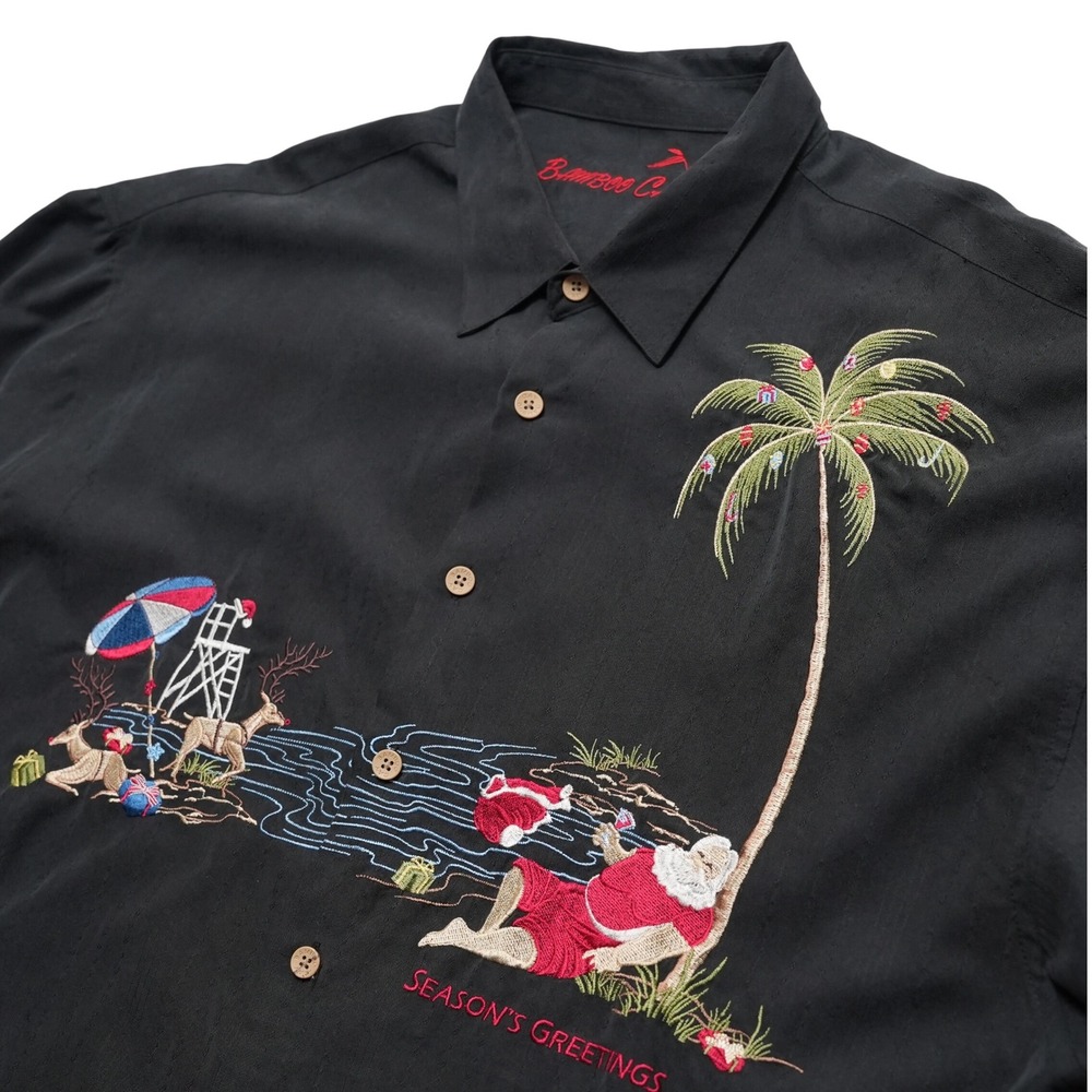 Bamboo Cay Hawaiian Shirt Mens XXL Black Santa Christmas Tropical Camp Button Up